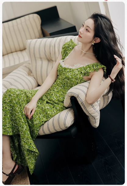 Vintage Simple Elegant Green Floral Design Beach Holiday Women Long Dress HZ1024