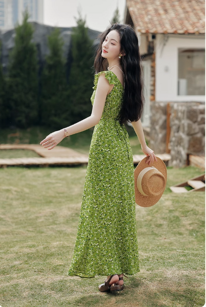 Vintage Simple Elegant Green Floral Design Beach Holiday Women Long Dress HZ1024