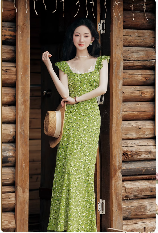 Vintage Simple Elegant Green Floral Design Beach Holiday Women Long Dress HZ1024