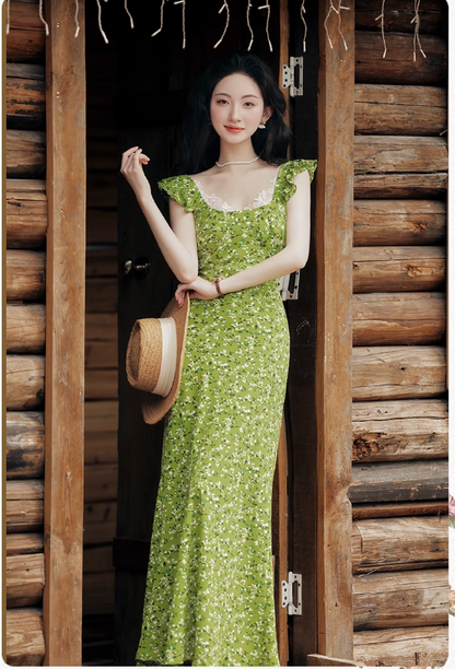 Vintage Simple Elegant Green Floral Design Beach Holiday Women Long Dress HZ1024
