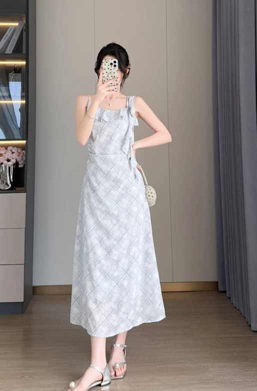 New Simple Elegant Floral Design Cardigan Spaghetti Strap Dress HZ1024