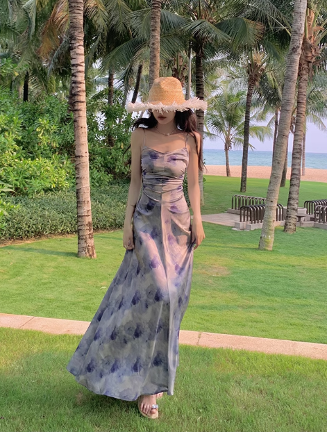 New Simple Elegant Floral Design Beach Holiday Spaghetti Strap Dress HZ1024