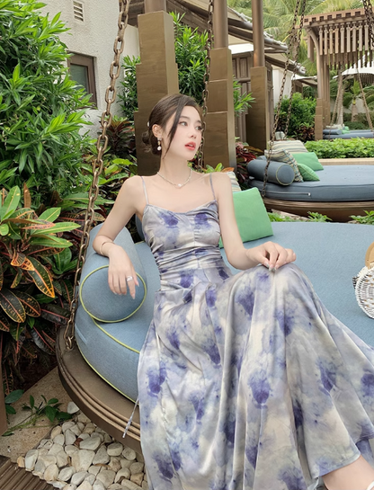 New Simple Elegant Floral Design Beach Holiday Spaghetti Strap Dress HZ1024
