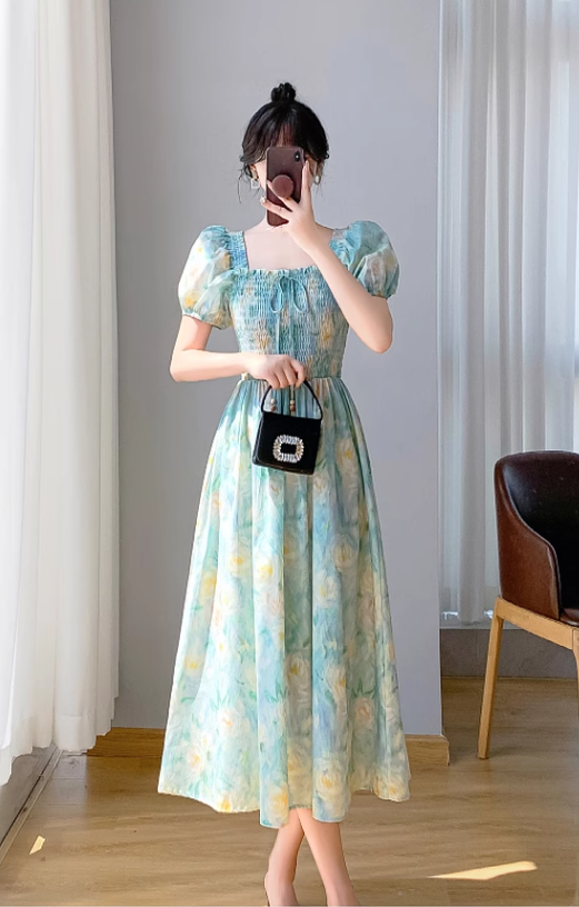 Simple Elegant Floral Design Short Sleeves Halter Dress HZ1024