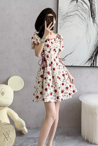 New Simple Elegant Red Floral Design Short Sleeves Women Midi Dress HZ1024