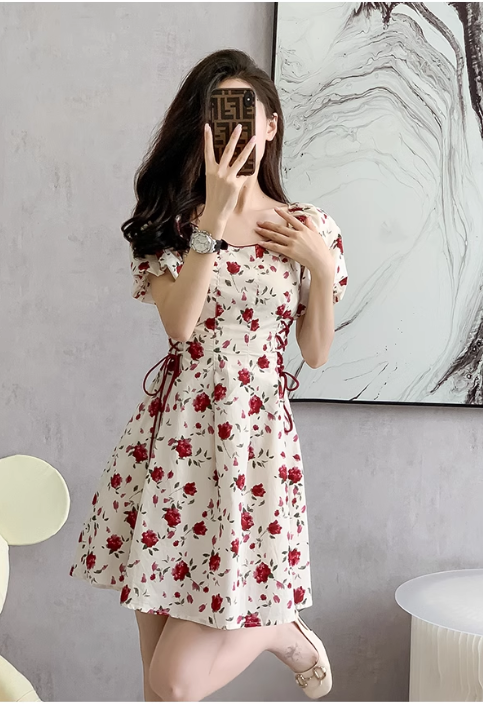 New Simple Elegant Red Floral Design Short Sleeves Women Midi Dress HZ1024
