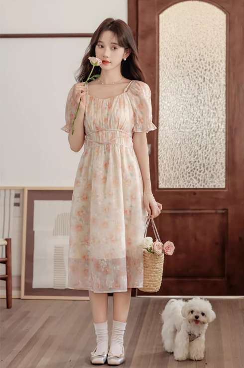 Vintage Women Floral Design A-Line Chiffon Short Sleeves Dress HZ1024