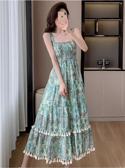 Vintage Women Floral Design A-Line Beach Holiday Spaghetti Strap Dress HZ1024