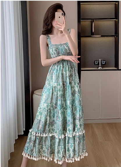 Vintage Women Floral Design A-Line Beach Holiday Spaghetti Strap Dress HZ1024