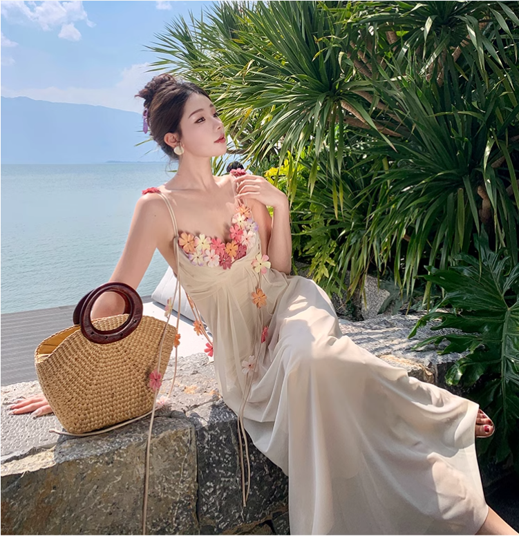 Simple Fashion Women Floral Design A-Line Spaghetti Strap Dress HZ1024