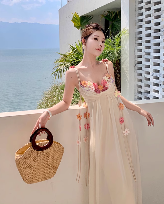 Simple Fashion Women Floral Design A-Line Spaghetti Strap Dress HZ1024