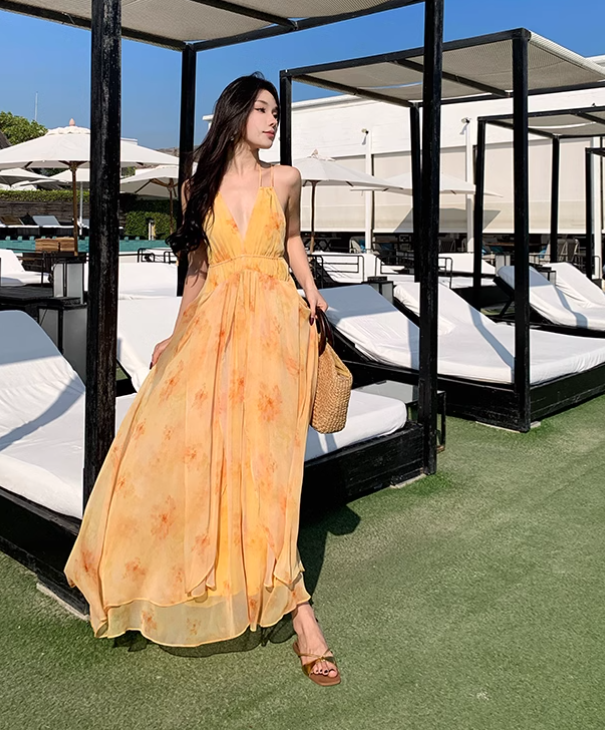New Fashion Women Yellow Floral Design A-Line Halter Dress HZ1024