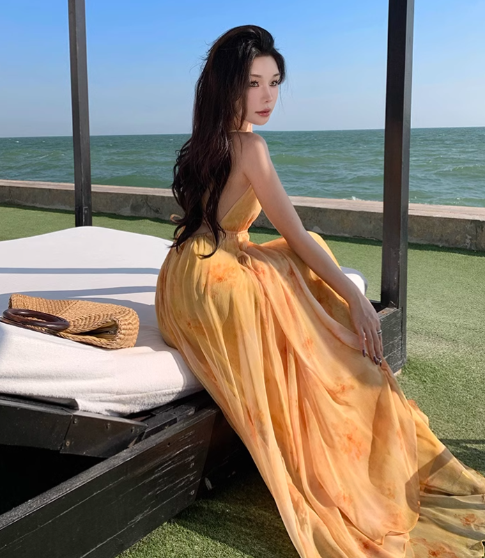 New Fashion Women Yellow Floral Design A-Line Halter Dress HZ1024