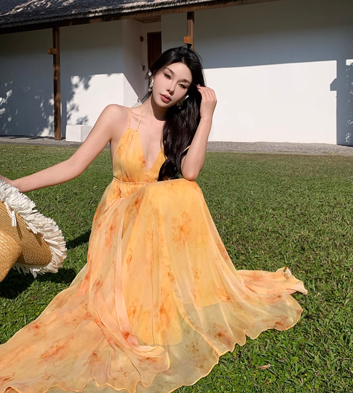 New Fashion Women Yellow Floral Design A-Line Halter Dress HZ1024