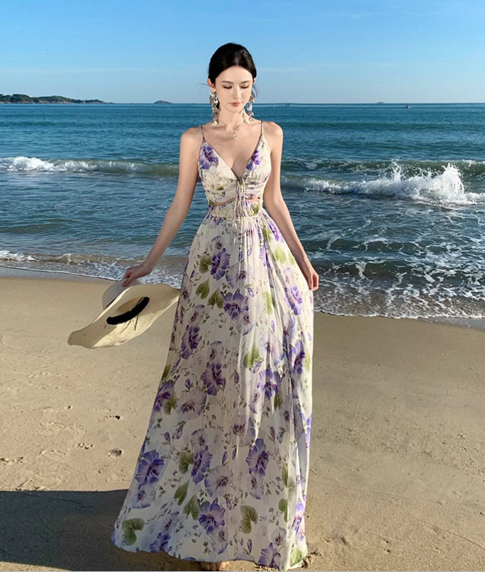 New Style Women Purple Floral Design V-neck A-Line Spaghetti Strap Dress HZ1024