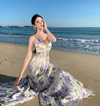 New Style Women Purple Floral Design V-neck A-Line Spaghetti Strap Dress HZ1024