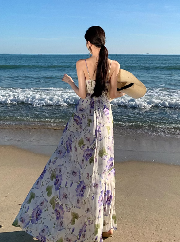 New Style Women Purple Floral Design V-neck A-Line Spaghetti Strap Dress HZ1024