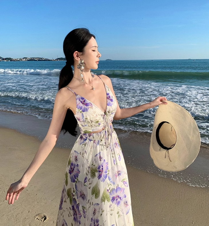 New Style Women Purple Floral Design V-neck A-Line Spaghetti Strap Dress HZ1024
