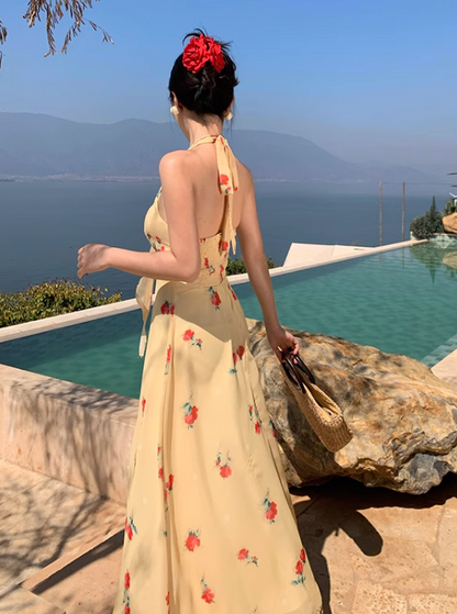 New Fashion Women Yellow Floral Design V-neck A-Line Chiffon Halter Dress HZ1024