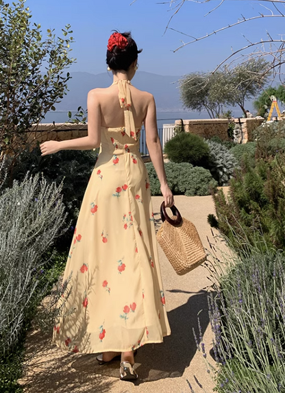 New Fashion Women Yellow Floral Design V-neck A-Line Chiffon Halter Dress HZ1024