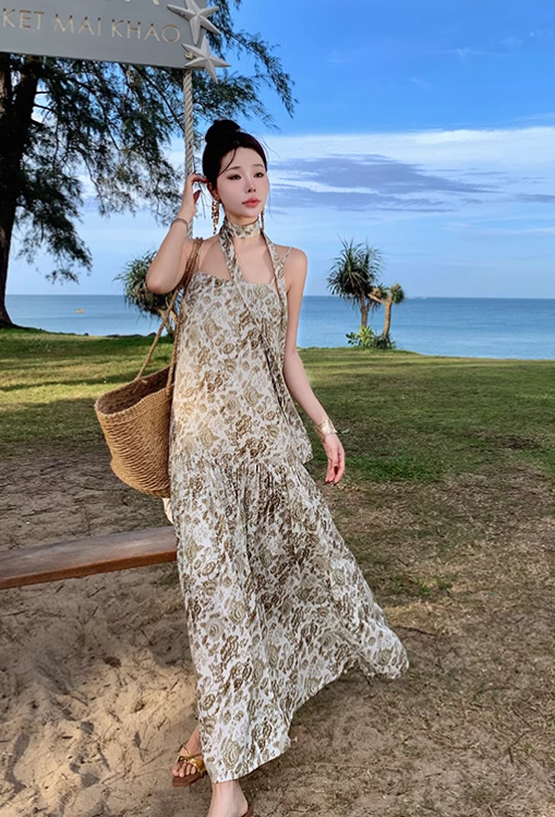 Vintage Fashion Women Floral Design A-Line Beach Holiday Spaghetti Strap Dress HZ1024