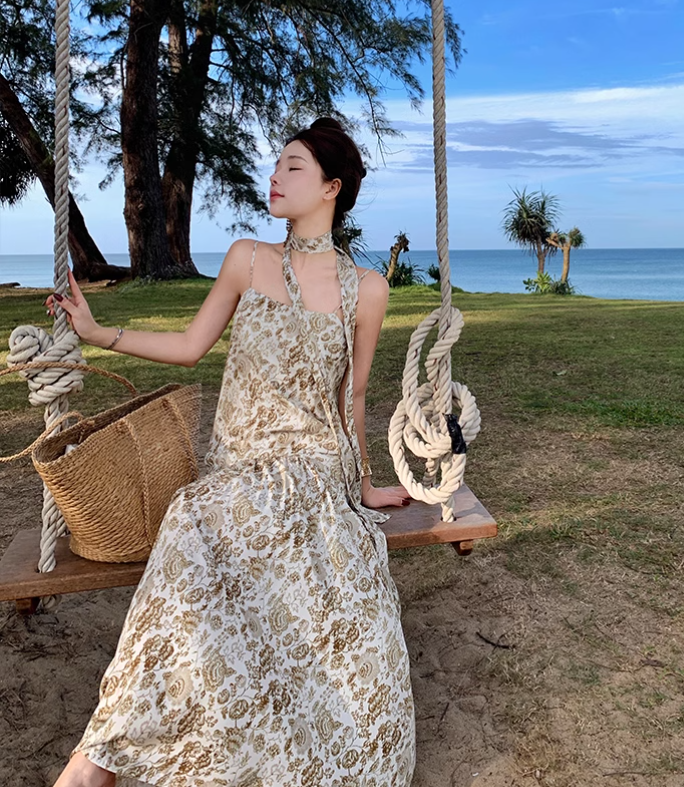 Vintage Fashion Women Floral Design A-Line Beach Holiday Spaghetti Strap Dress HZ1024