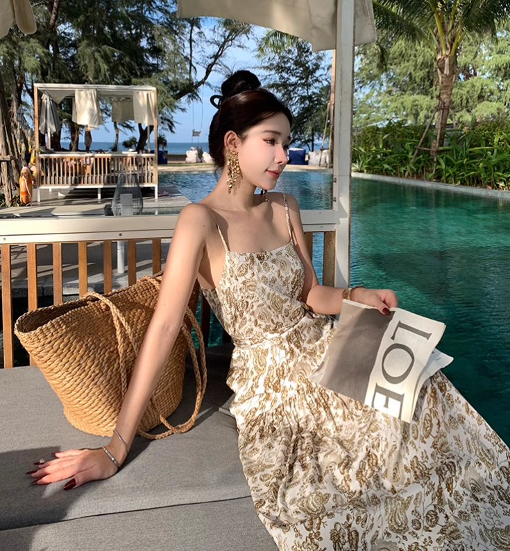 Vintage Fashion Women Floral Design A-Line Beach Holiday Spaghetti Strap Dress HZ1024
