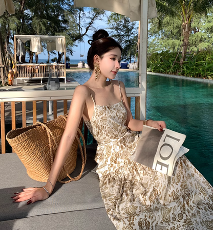 Vintage Fashion Women Floral Design A-Line Beach Holiday Spaghetti Strap Dress HZ1024