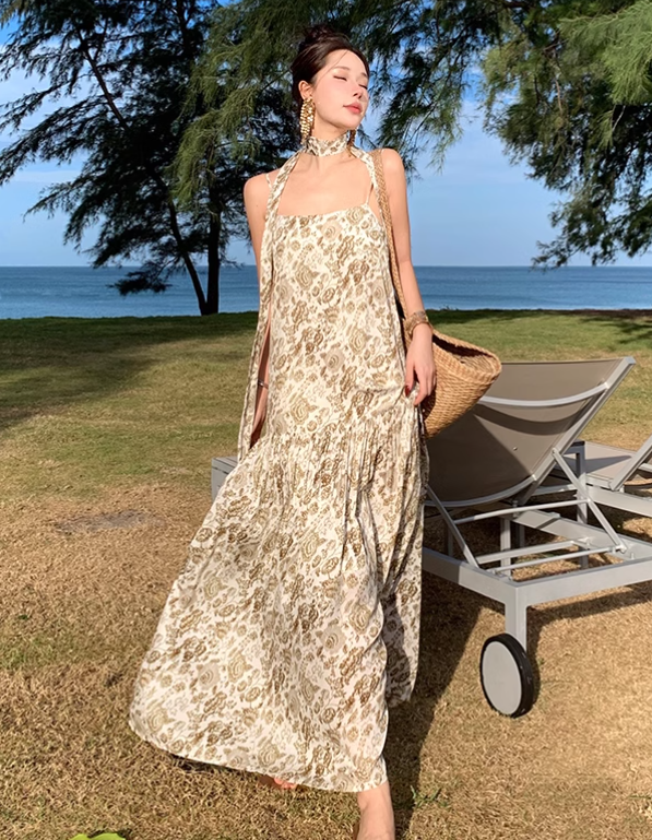Vintage Fashion Women Floral Design A-Line Beach Holiday Spaghetti Strap Dress HZ1024