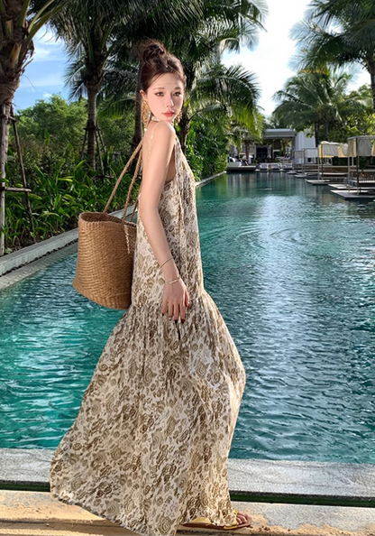 Vintage Fashion Women Floral Design A-Line Beach Holiday Spaghetti Strap Dress HZ1024