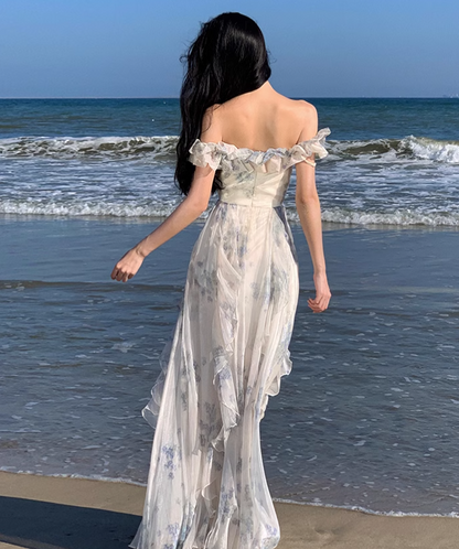 New Fashion Women Floral Falbala Design A-Line Beach Holiday Spaghetti Strap Dress HZ1024