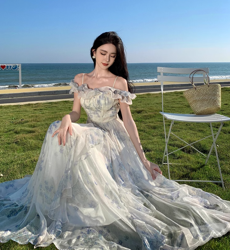 New Fashion Women Floral Falbala Design A-Line Beach Holiday Spaghetti Strap Dress HZ1024