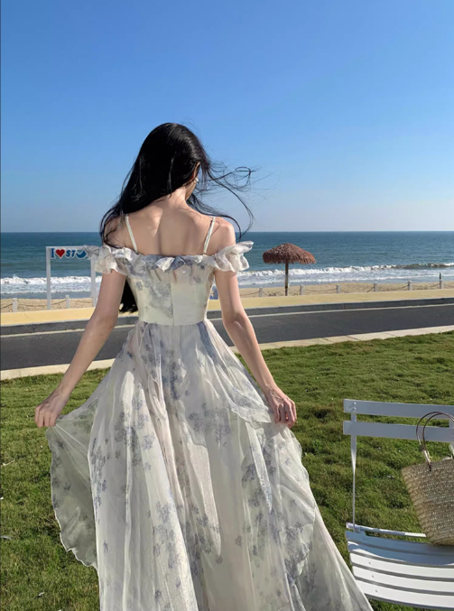 New Fashion Women Floral Falbala Design A-Line Beach Holiday Spaghetti Strap Dress HZ1024