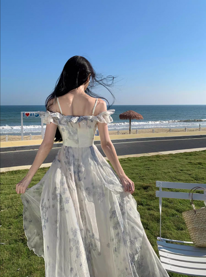 New Fashion Women Floral Falbala Design A-Line Beach Holiday Spaghetti Strap Dress HZ1024