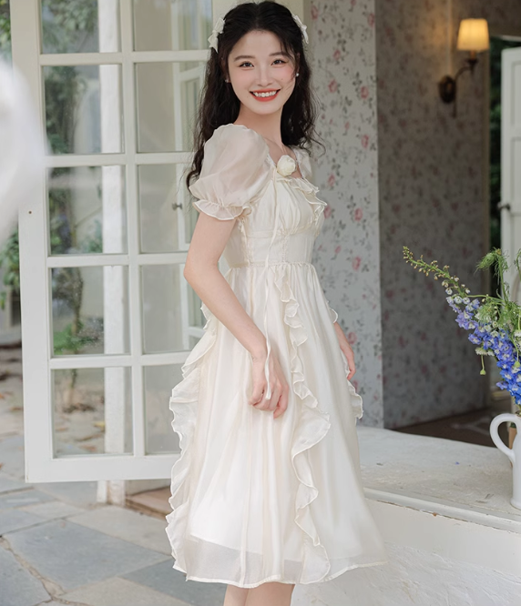 New Fashion Women White Floral Design A-Line Short Sleeves Dress HZ1024