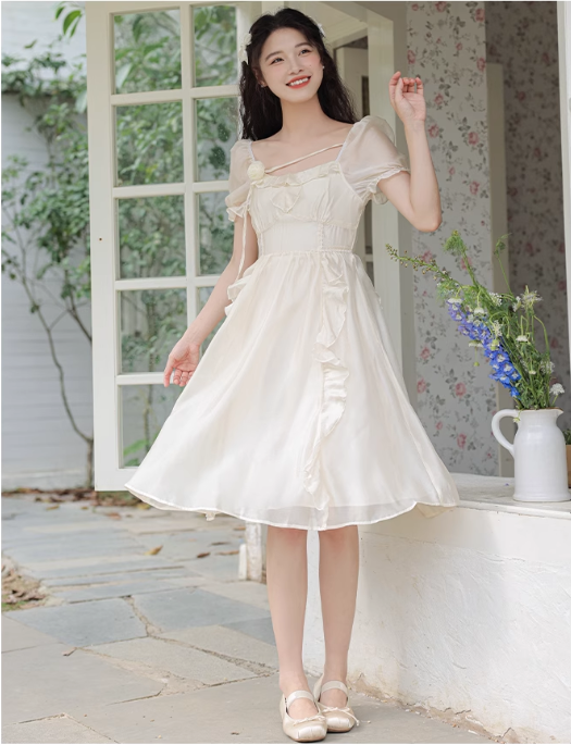New Fashion Women White Floral Design A-Line Short Sleeves Dress HZ1024