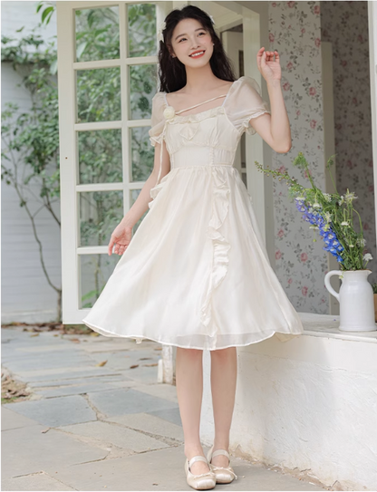New Fashion Women White Floral Design A-Line Short Sleeves Dress HZ1024