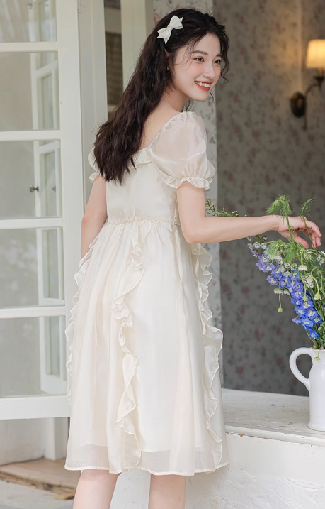 New Fashion Women White Floral Design A-Line Short Sleeves Dress HZ1024