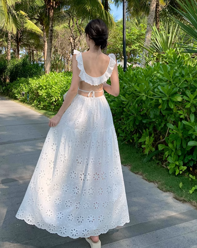 Simple Fashion White Floral Design Ruffled Collar A-Line Dress HZ1024