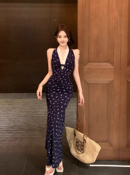 Simple Floral Design Navy Blue A-Line Women Beach Holiday Halter Dress HZ1024