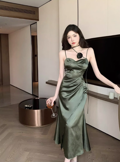Simple Floral Design Elegant Green A-Line Slim Long Spaghetti Strap Dress HZ1024