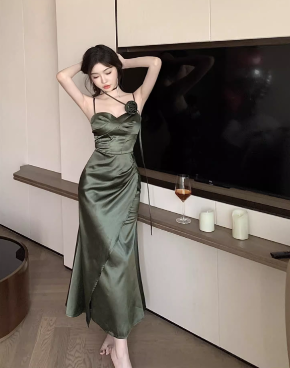 Simple Floral Design Elegant Green A-Line Slim Long Spaghetti Strap Dress HZ1024