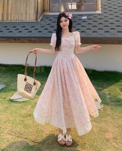 New Fashion Puffed Short Sleeve Design Pink A-line Floral Dress HZ1024