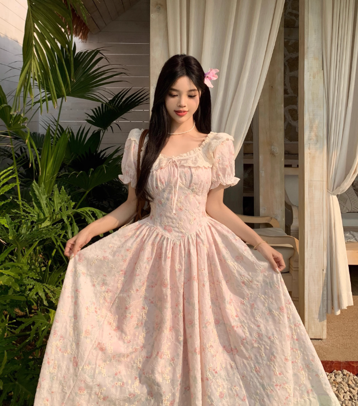 New Fashion Puffed Short Sleeve Design Pink A-line Floral Dress HZ1024