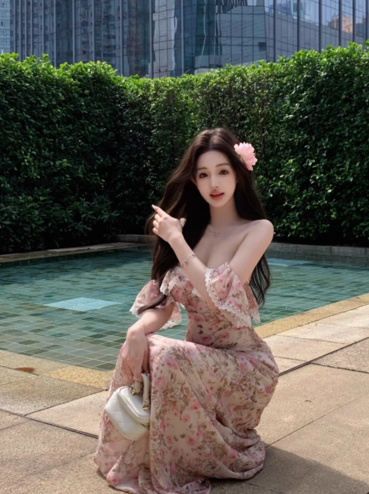 New Fashion Pink Floral Design Beach Holiday Long A-line Strapless Dress HZ1024