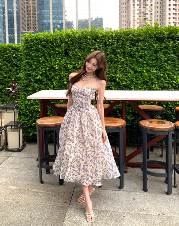 New Fashion Floral Design Long A-line Strapless Dress HZ1024