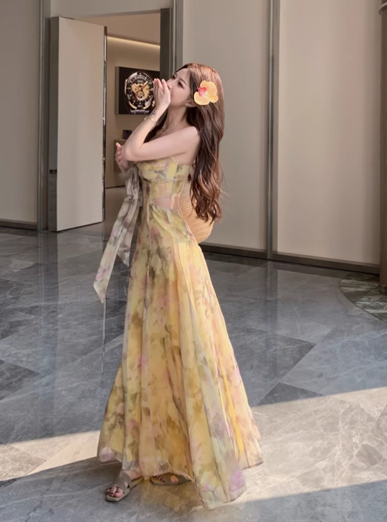 New Fashion Yellow Floral Design A-line Spaghetti Strap Dress HZ1024