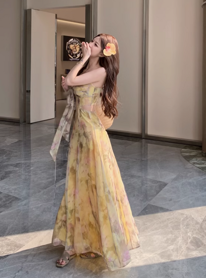 New Fashion Yellow Floral Design A-line Spaghetti Strap Dress HZ1024