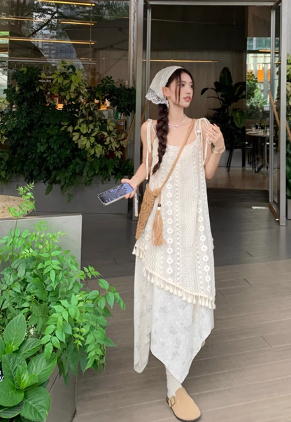 New Fashion Beige Floral Design A-line Beach Holiday Long Spaghetti Strap Dress HZ1024