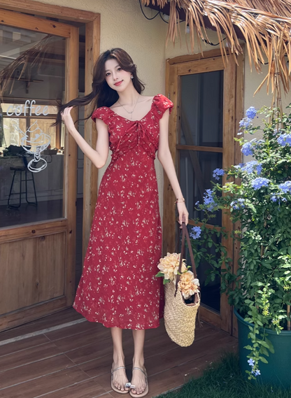 Simple Fashion Red Floral Design A-line Long High-waisted Dress HZ1024